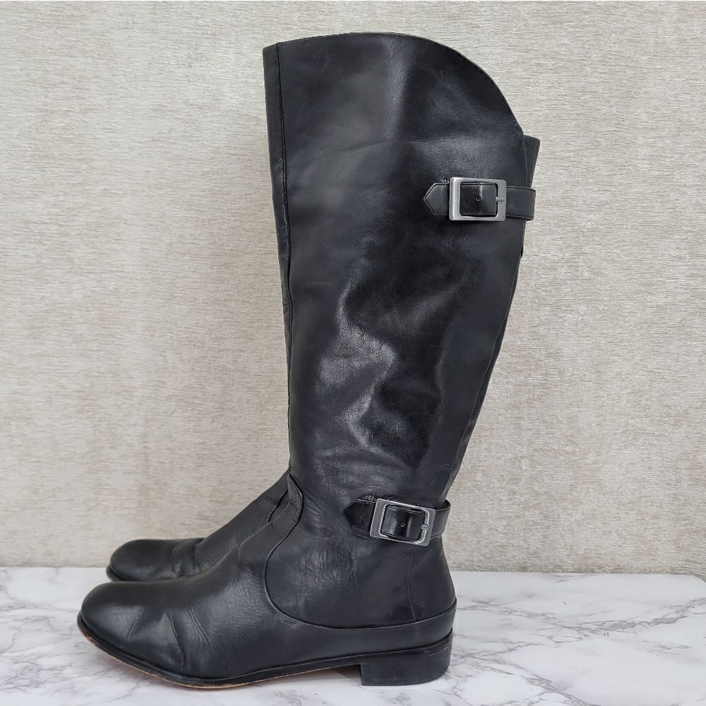 Modern Vintage Janet Black Knee High Tall Leather Riding Boots with Buckles